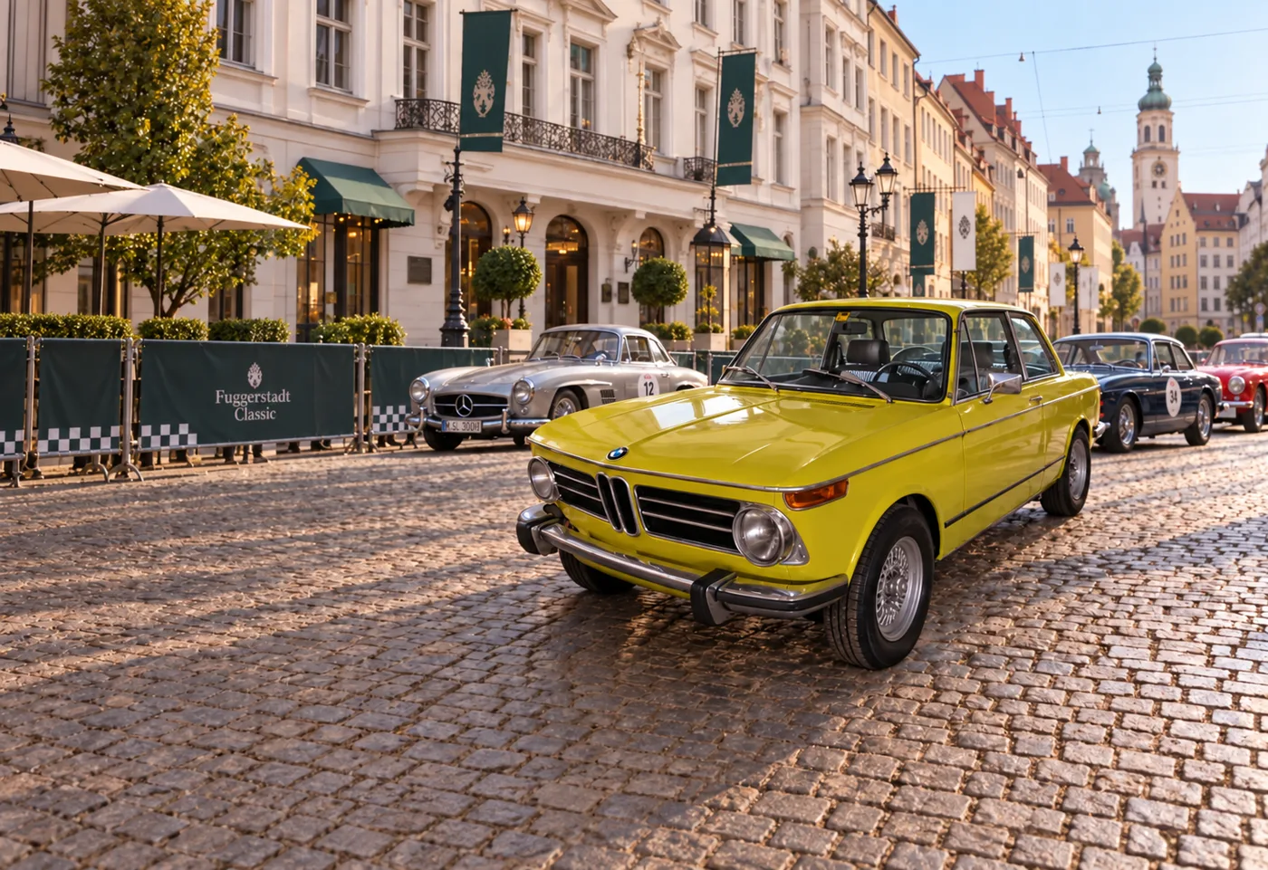 Gelber BMW 2002 tii im Augsburger Stadtmotiv; KI-bearbeitete Illustration
